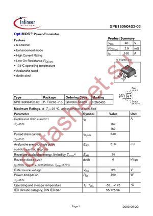 SPB160N04S2-03 datasheet  